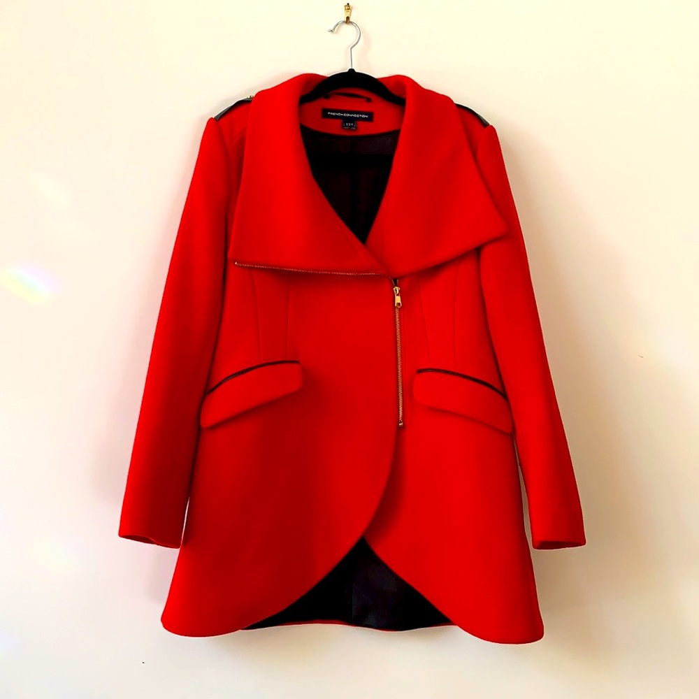 French Connection Size 14 US Wide Collar Tulip Hem Fire Engine Red Coat